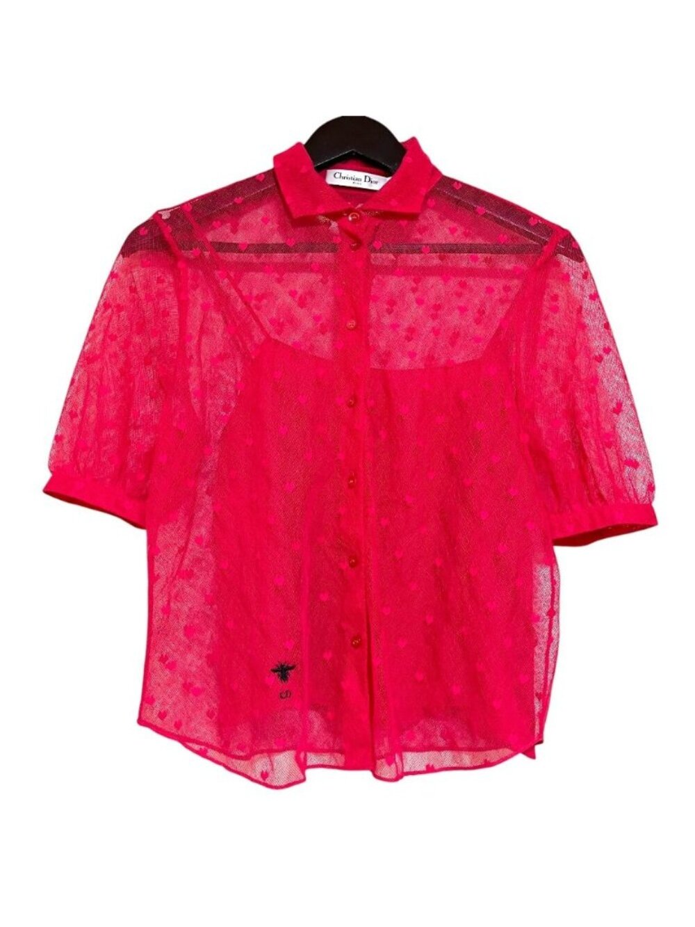 Dior Short Sleeve Sheer Heart Lace Blouse Shirt Pink Spring Summer